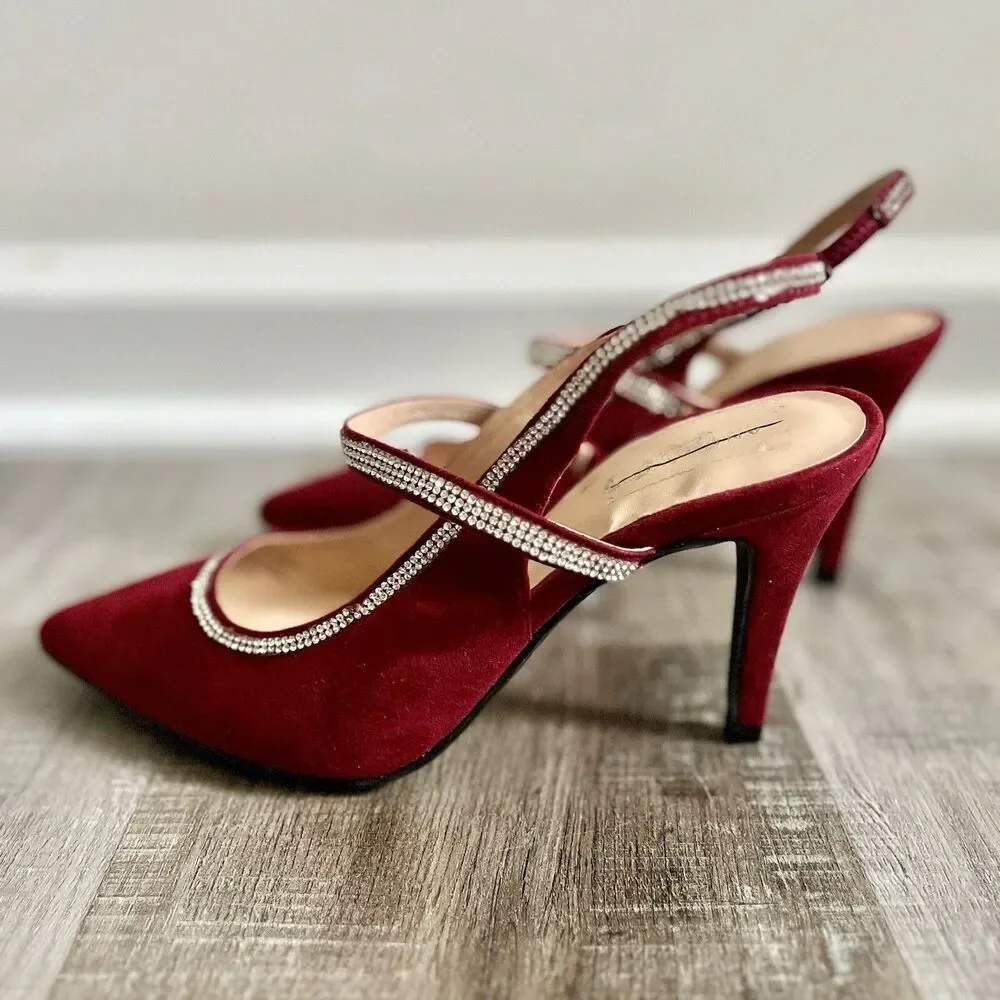 Ann Taylor Red Sling Back Pointy Toe Suede Glitsy Heels Sz 7.5M Runs Small - Picture 4 of 10